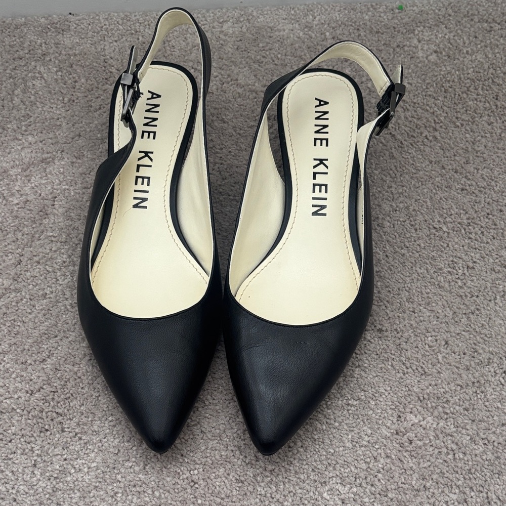 Anne Klein Slingback Heels Womens 8M Black Pointed Leather Capsule Office Casual